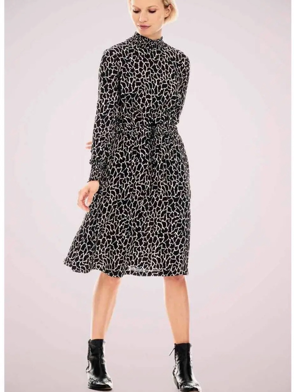 Garcia High-Neck Black & White Printed Long-Sleeve Midi Dress Size S NWT